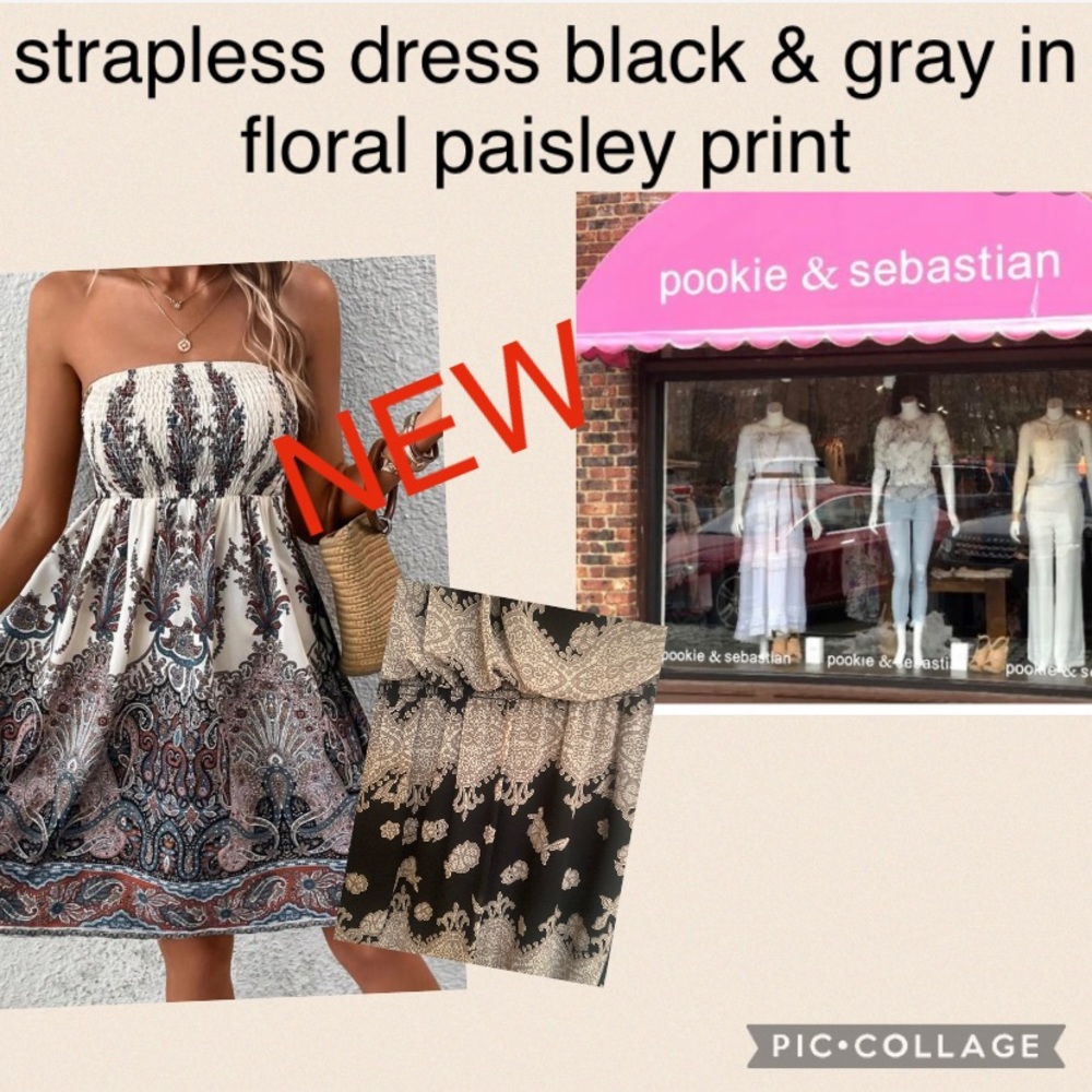 NEW pookie & sebastian strapless dress black & gray in floral paisley/print
